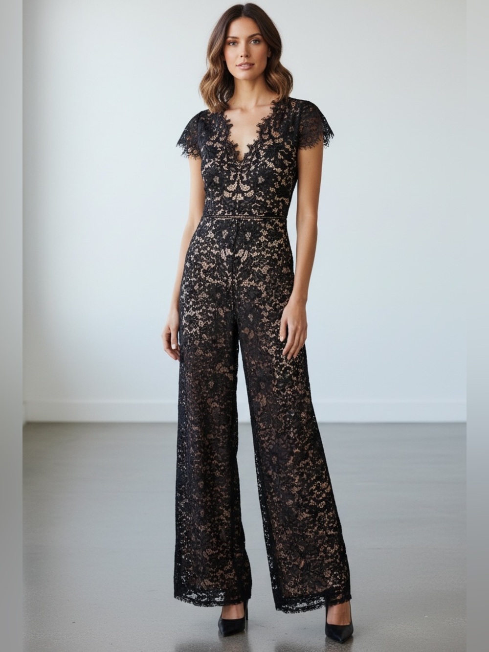 Alice + Olivia Black Lace Cap-Sleeve Wide-Leg Jumpsuit Sz 0